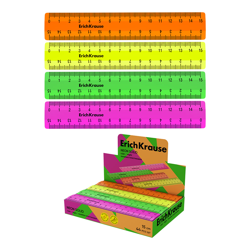 Линейка пластиковая ErichKrause Neon Solid, 15см, ассорти (в коробке-дисплее по 44 шт)