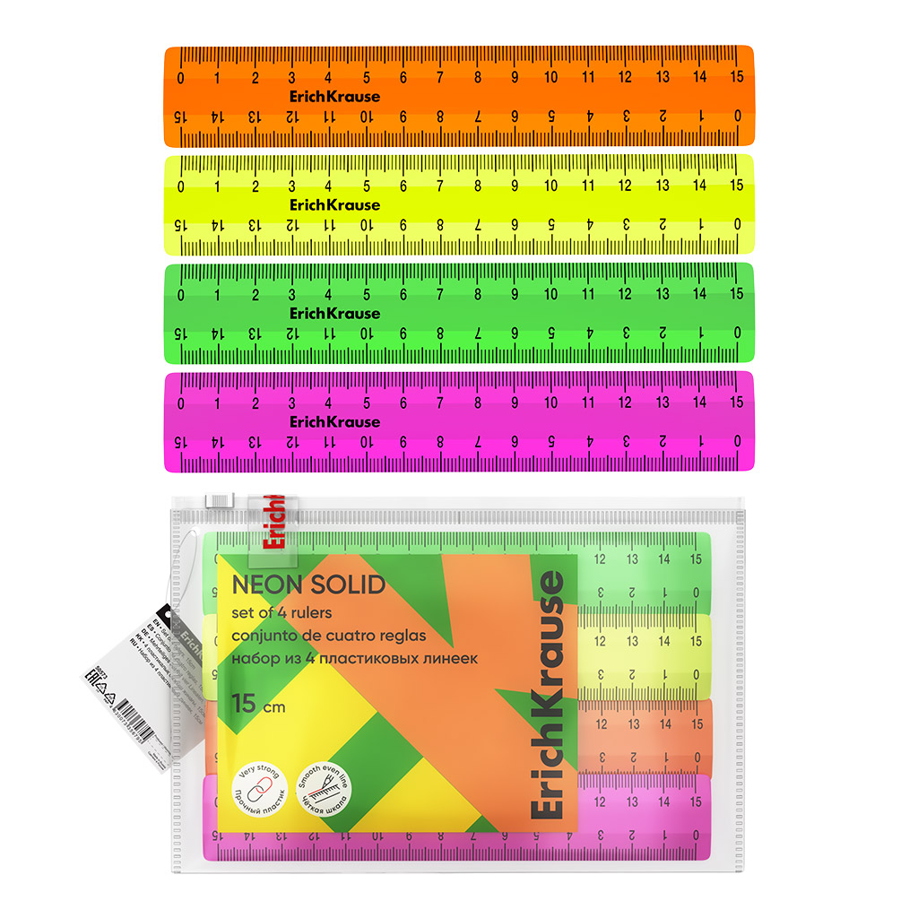Набор из 4 пластиковых линеек ErichKrause Neon Solid, 15см, zip-пакет, ассорти (в пакете по 20 шт)