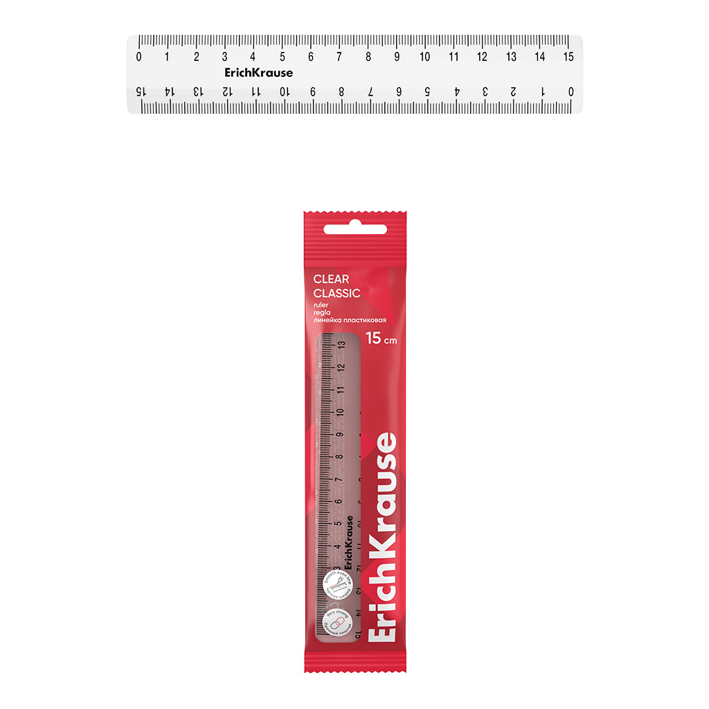 Линейка пластиковая ErichKrause Clear, 15см, флоупак, прозрачный (в пакете по 20 шт)
