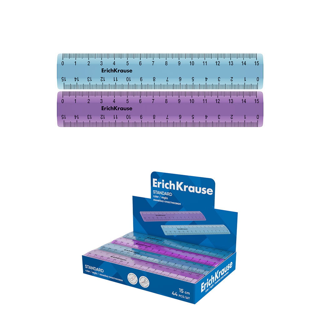 Линейка пластиковая ErichKrause Standard, 15см, ассорти (в коробке-дисплее по 44 шт)