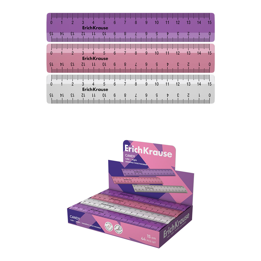 Линейка пластиковая ErichKrause Candy, 15см, ассорти (в коробке-дисплее по 44 шт)