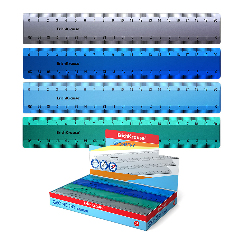 Линейка пластиковая ErichKrause Ice Metallic, 20см, ассорти (в коробке-дисплее по 44 шт)