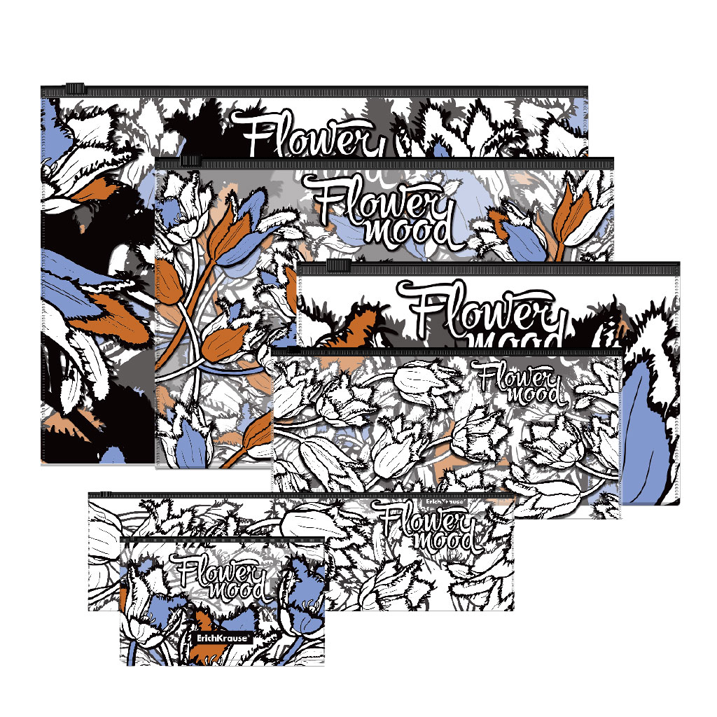 Набор из 6 zip-пакетов пластиковых ErichKrause® Tulips, ассорти (A4, B5, C6, Travel, 230x70mm, Card Size)
