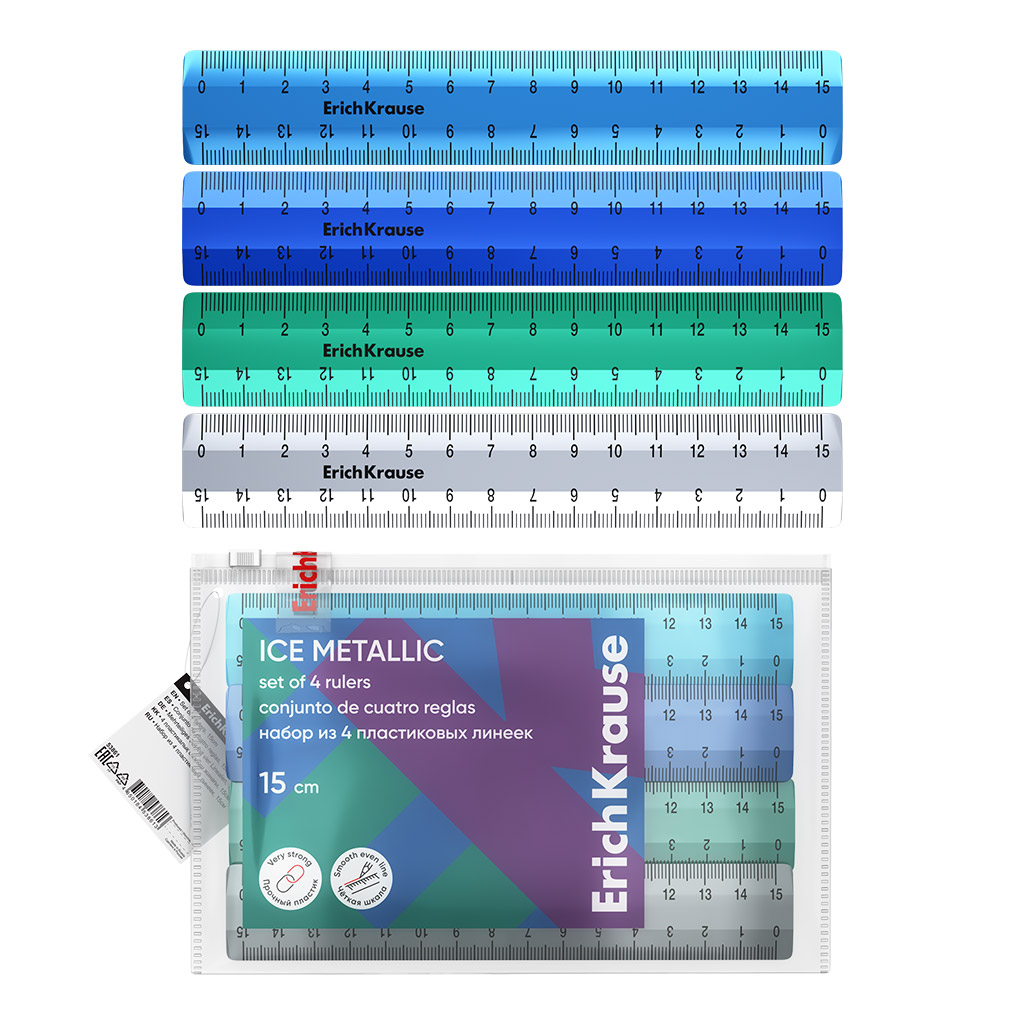 Набор из 4 пластиковых линеек ErichKrause Ice Metallic, 15см, zip-пакет, ассорти (в пакете по 20 шт)