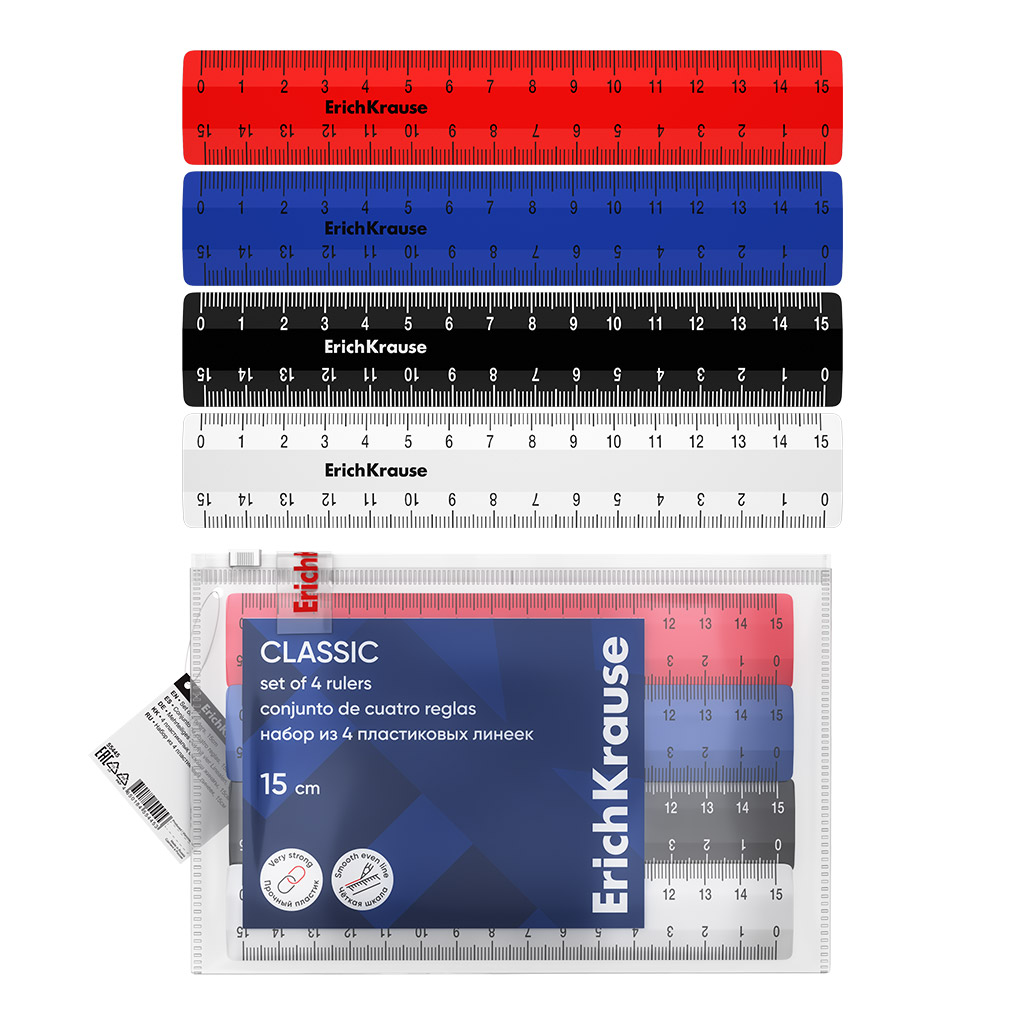 Набор из 4 пластиковых линеек ErichKrause Classic, 15см, zip-пакет, ассорти (в пакете по 20 шт)