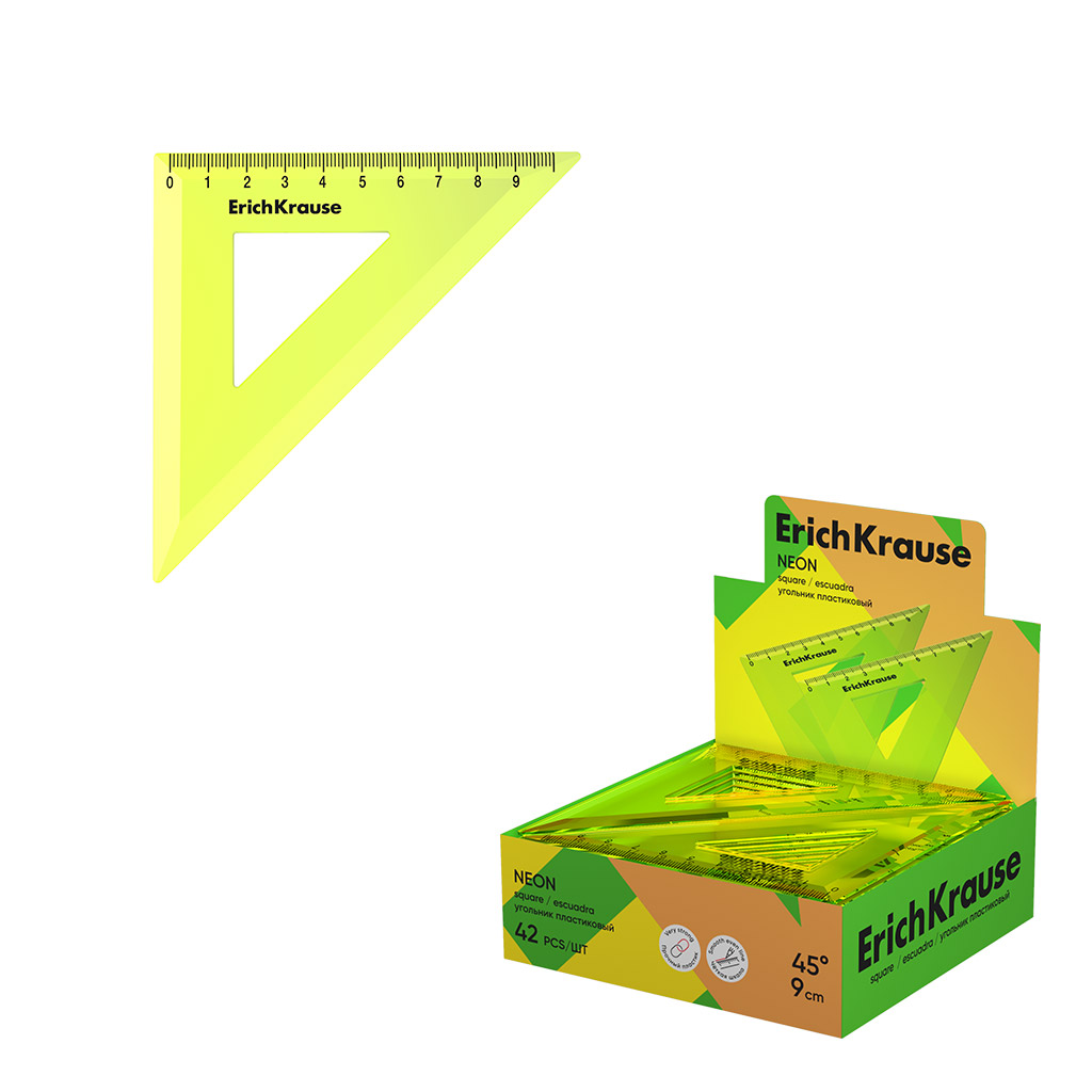 Угольник пластиковый ErichKrause Neon, 45°/9см, желтый (в коробке-дисплее по 42 шт)