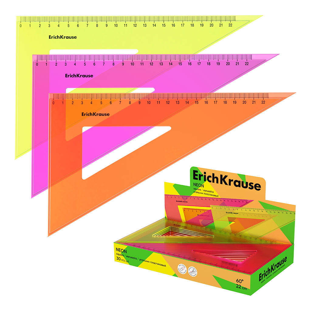 Угольник пластиковый ErichKrause Neon, 60°/22см, ассорти (в коробке-дисплее по 30 шт)