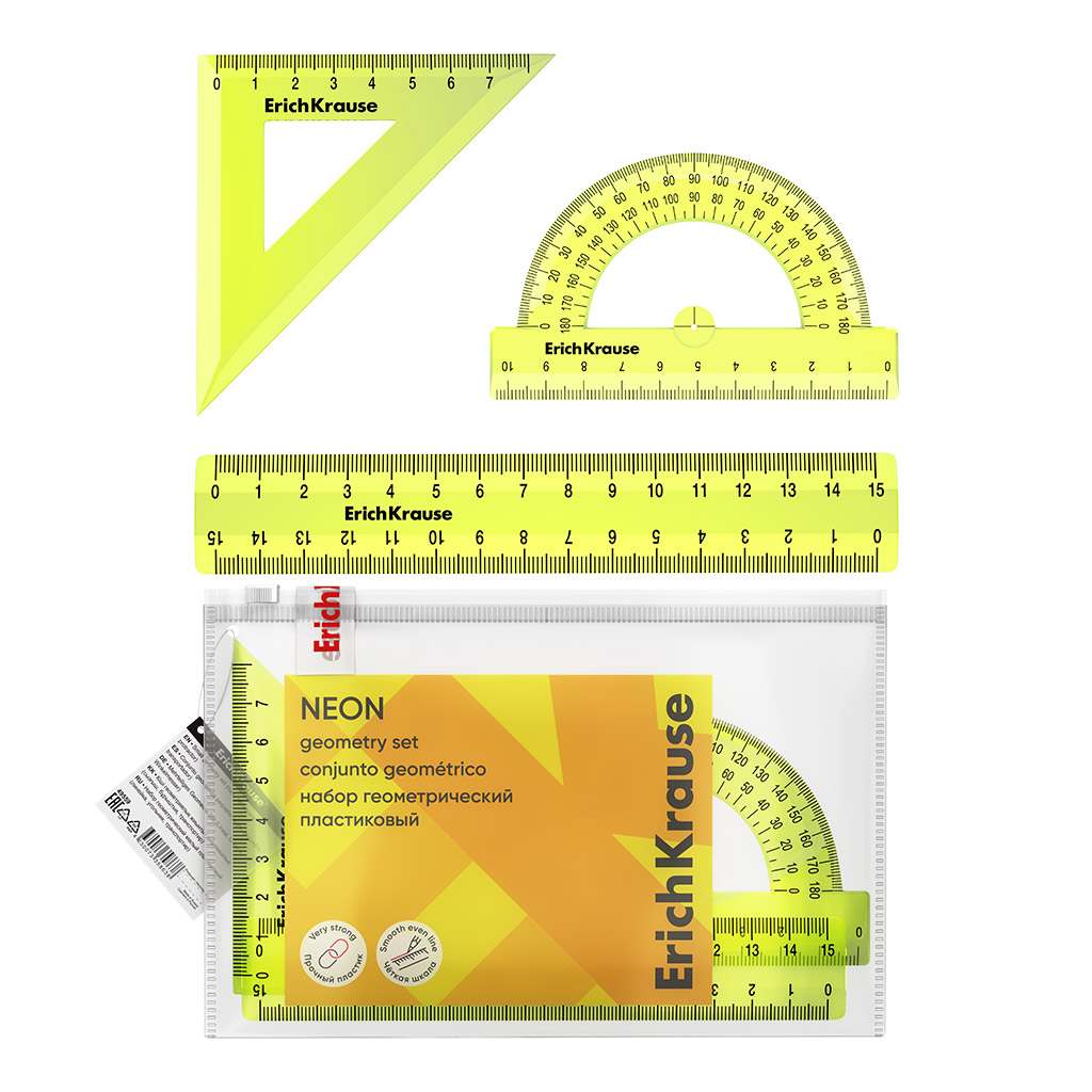 Набор геометрический малый пластиковый ErichKrause Neon, (линейка, угольник, транспортир), zip-пакет, желтый (в пакете по 20 шт)
