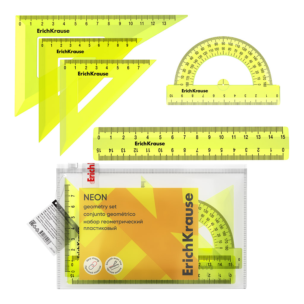 Набор геометрический малый пластиковый ErichKrause Neon, (линейка, 3 угольника, транспортир), zip-пакет, желтый (в пакете по 20 шт)