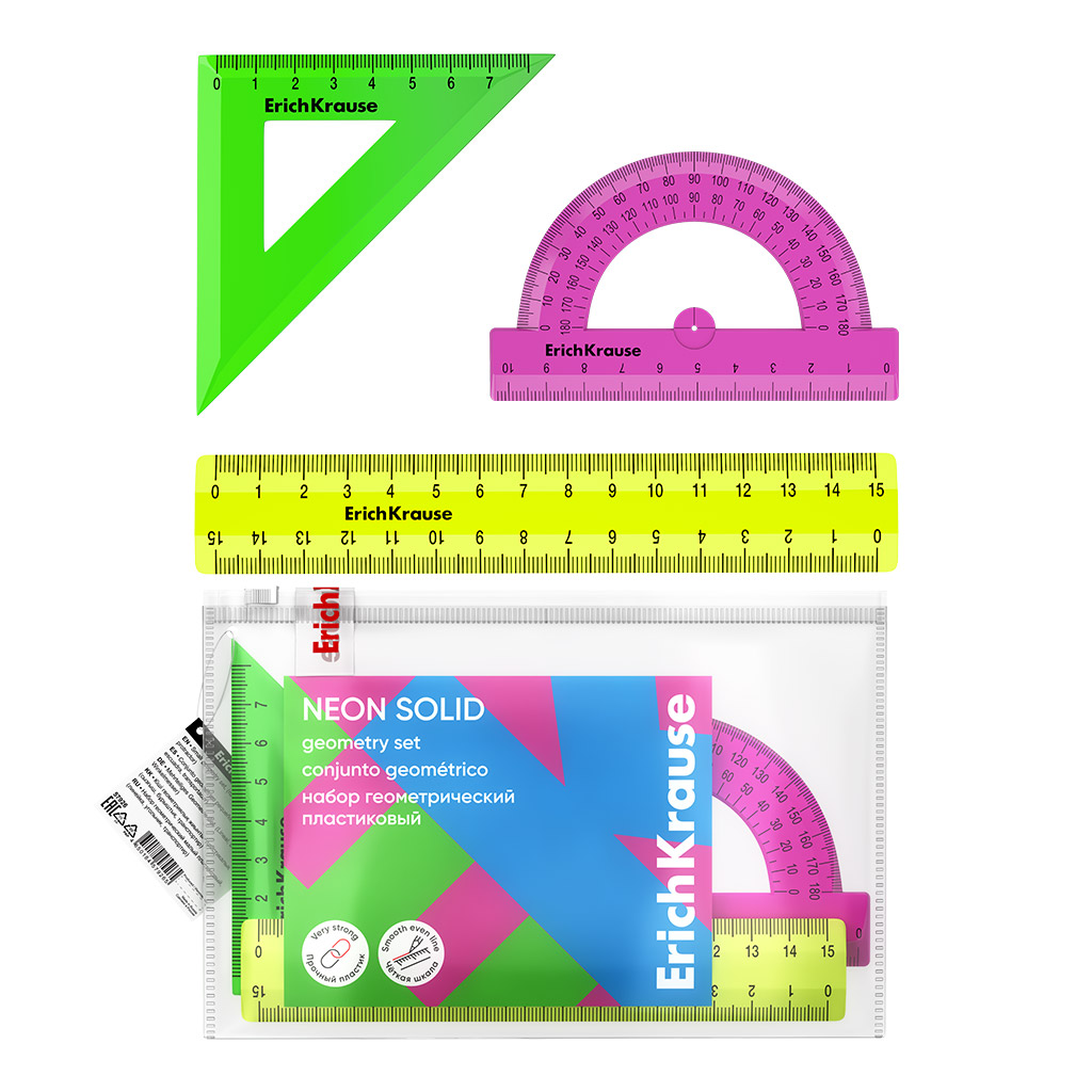 Набор геометрический малый пластиковый ErichKrause Neon Solid, (линейка, угольник, транспортир), zip-пакет, ассорти (в пакете по 20 шт)