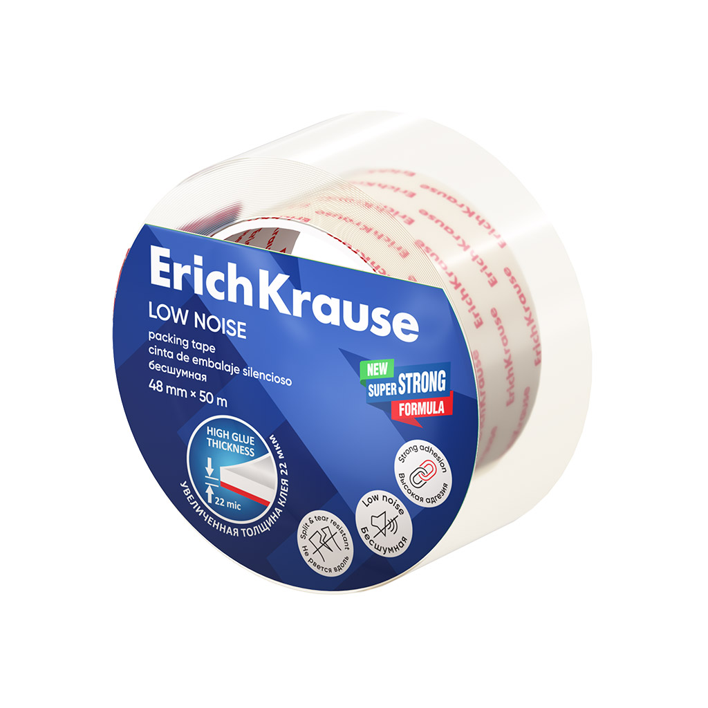 Клейкая лента упаковочная ErichKrause Low noise, повышенной прозрачности, бесшумная, 48mmх50m (в пленке по 1шт.)