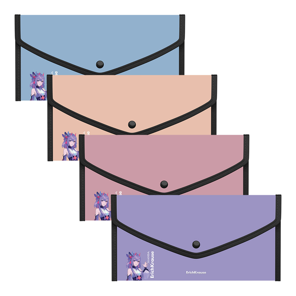 Папка-конверт на кнопке пластиковая ErichKrause Soft Manga, обшитая, Travel, непрозрачный, ассорти (в пакете по 4 шт.)