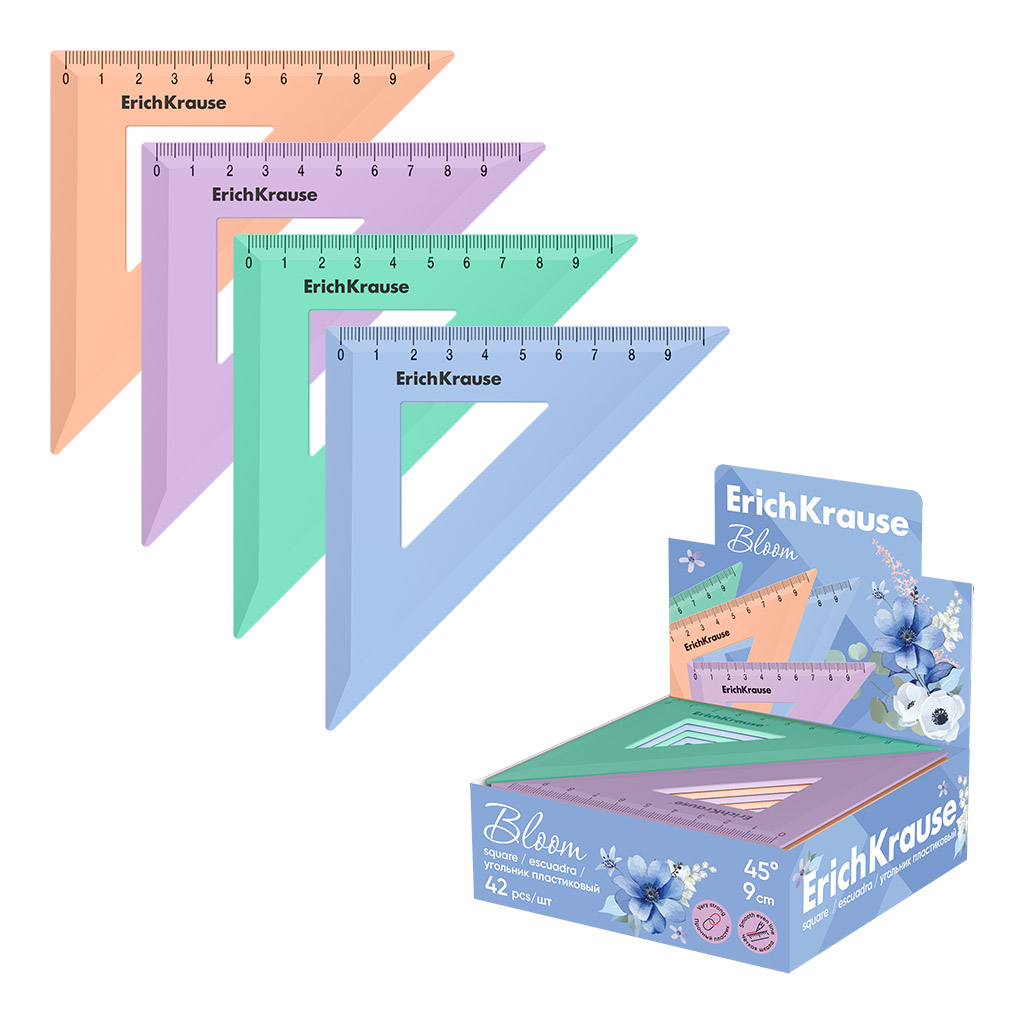 Угольник пластиковый ErichKrause Pastel Bloom, 45°/9см, ассорти (в коробке-дисплее по 42 шт)