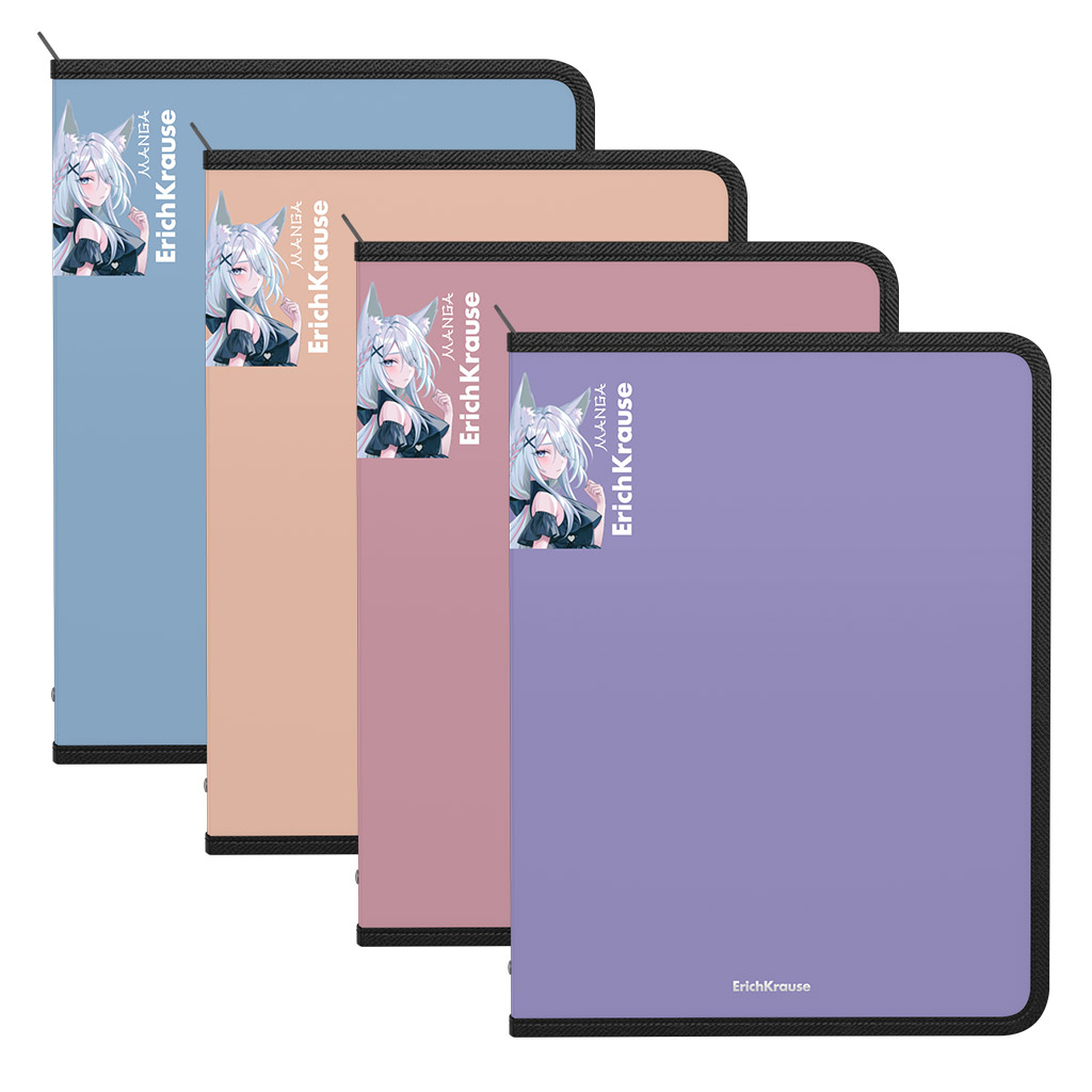 Папка для тетрадей на молнии пластиковая ErichKrause Soft Manga, A4+, ассорти (в пакете по 4 шт.)
