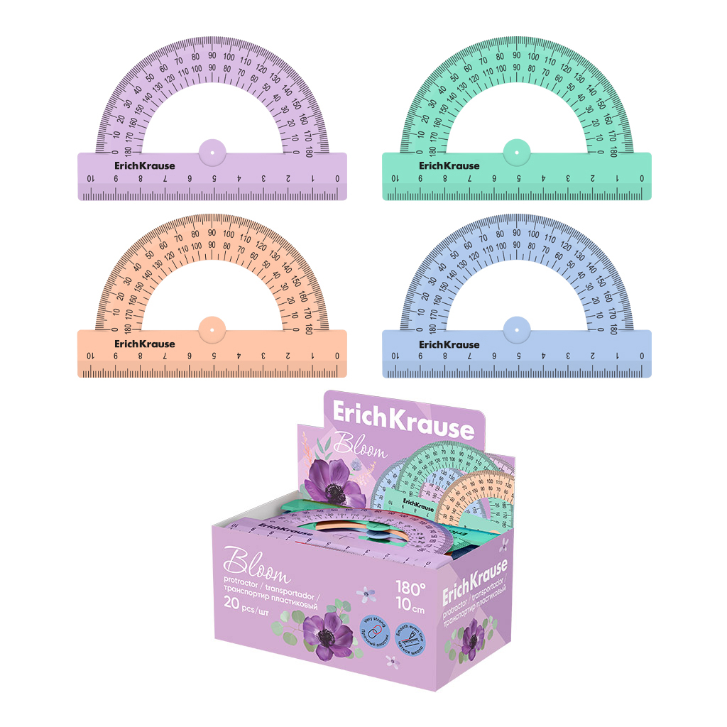 Транспортир пластиковый ErichKrause Pastel Bloom, 180°/10см, ассорти (в коробке-дисплее по 20 шт)