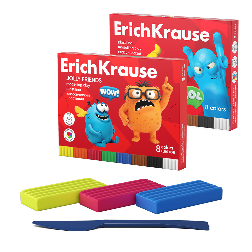 Пластилин классический ErichKrause Jolly Friends 8 цветов со стеком, 144 г (в коробке 8 шт)