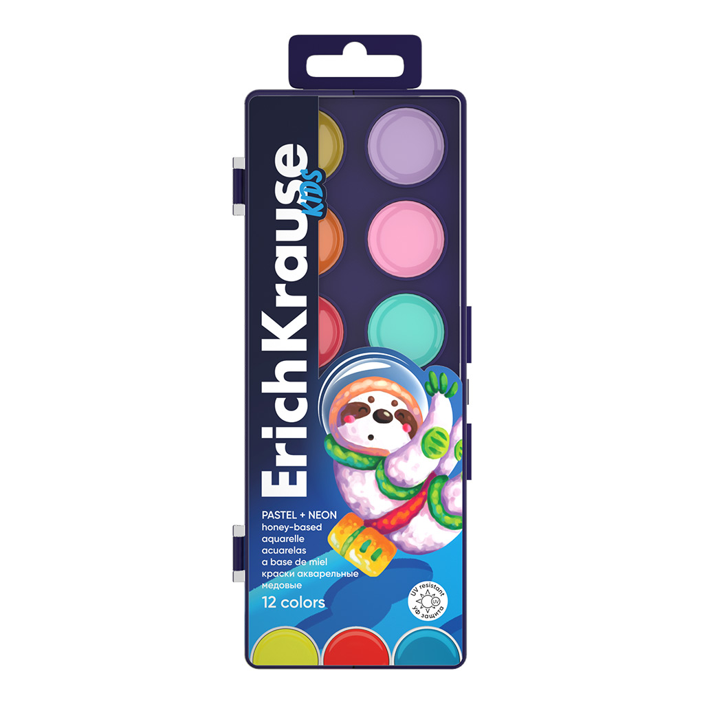 Акварельные краски 12цв. Erich Krause Kids Space Animals Neon+Pastel медовые с УФ защитой яркости