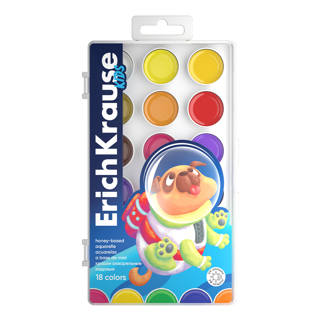 Акварельные краски 18цв. Erich Krause Kids Space Animals медовые с УФ защитой яркости