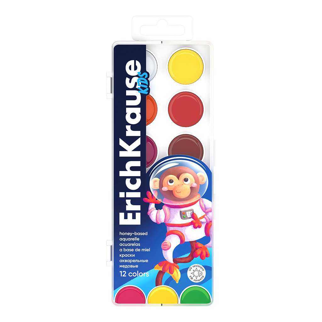 Акварельные краски 12цв. Erich Krause  Kids Space Animals медовые с УФ защитой яркости