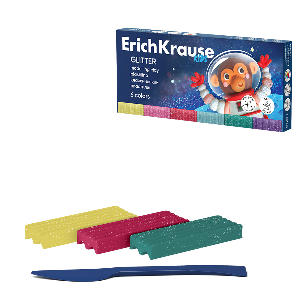 Пластилин  6цв 108гр. Erich Krause Kids Space Animals Glitter с блестками со стеком