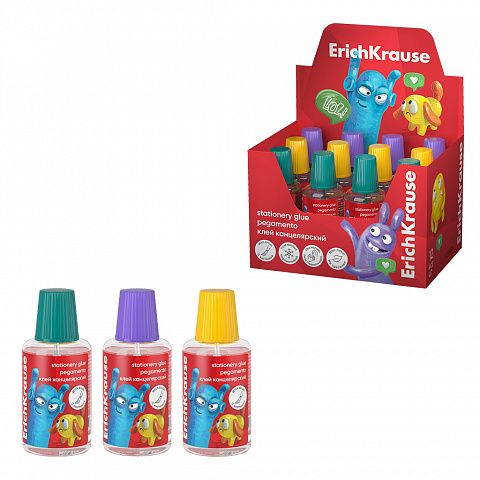 Клей канцелярский ErichKrause EasyStick Jolly Friends, с кисточкой, 20мл, ассорти (в дисплее по 12 шт.)