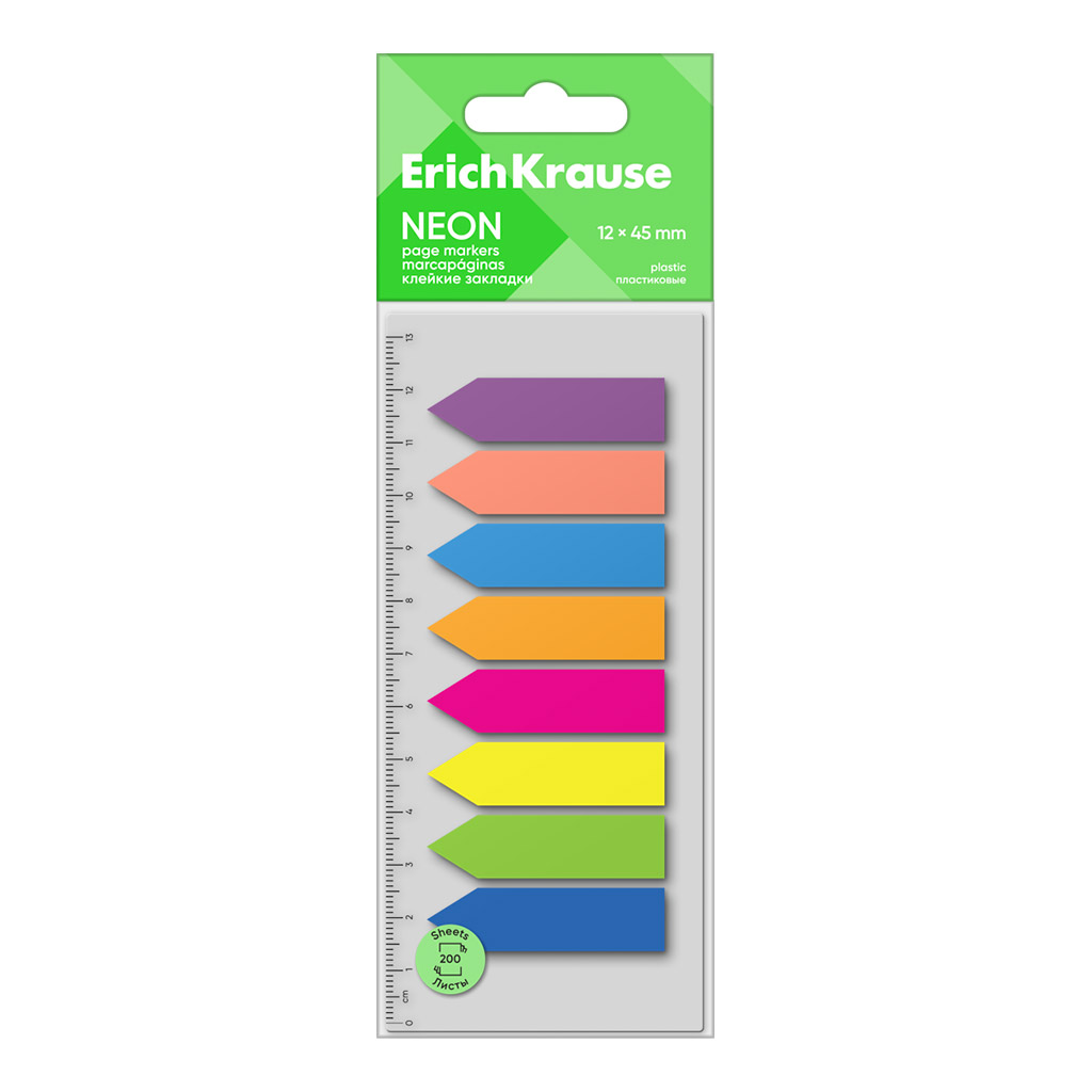 Клейкие закладки пластиковые ErichKrause Neon Arrows, 12х45 мм, 200 листов, 8 цветов