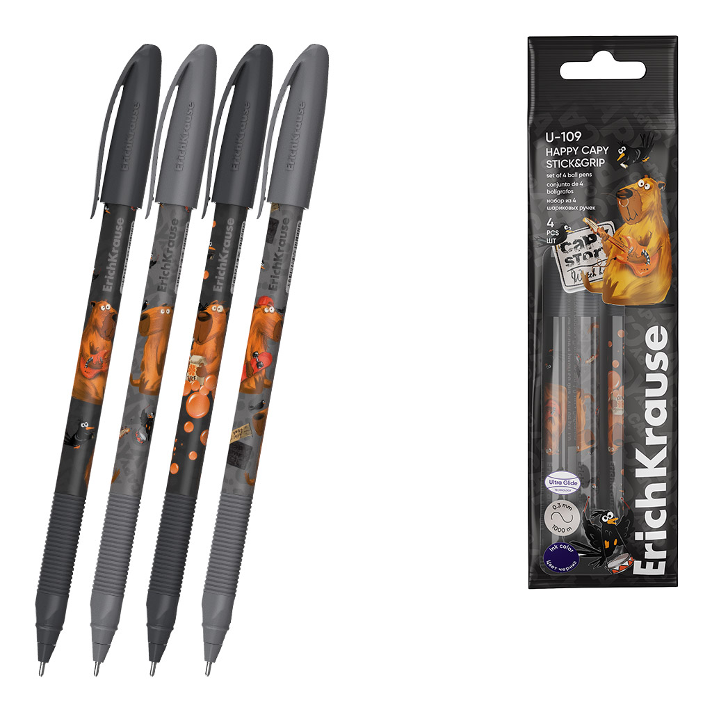 Набор из 4 ручек шариковых ErichKrause U-109 Stick&Grip Happy Capy 1.0, Ultra Glide Technology, цвет чернил синий (в пакете)