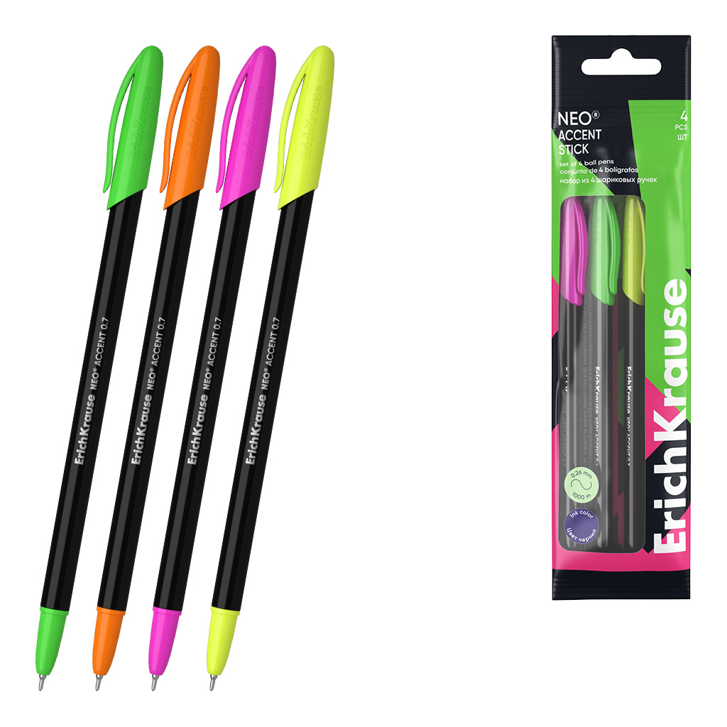 Набор из 4 ручек шариковых ErichKrause Neo® Stick Accent 0.7, Super Glide Technology, цвет чернил синий (в пакете)