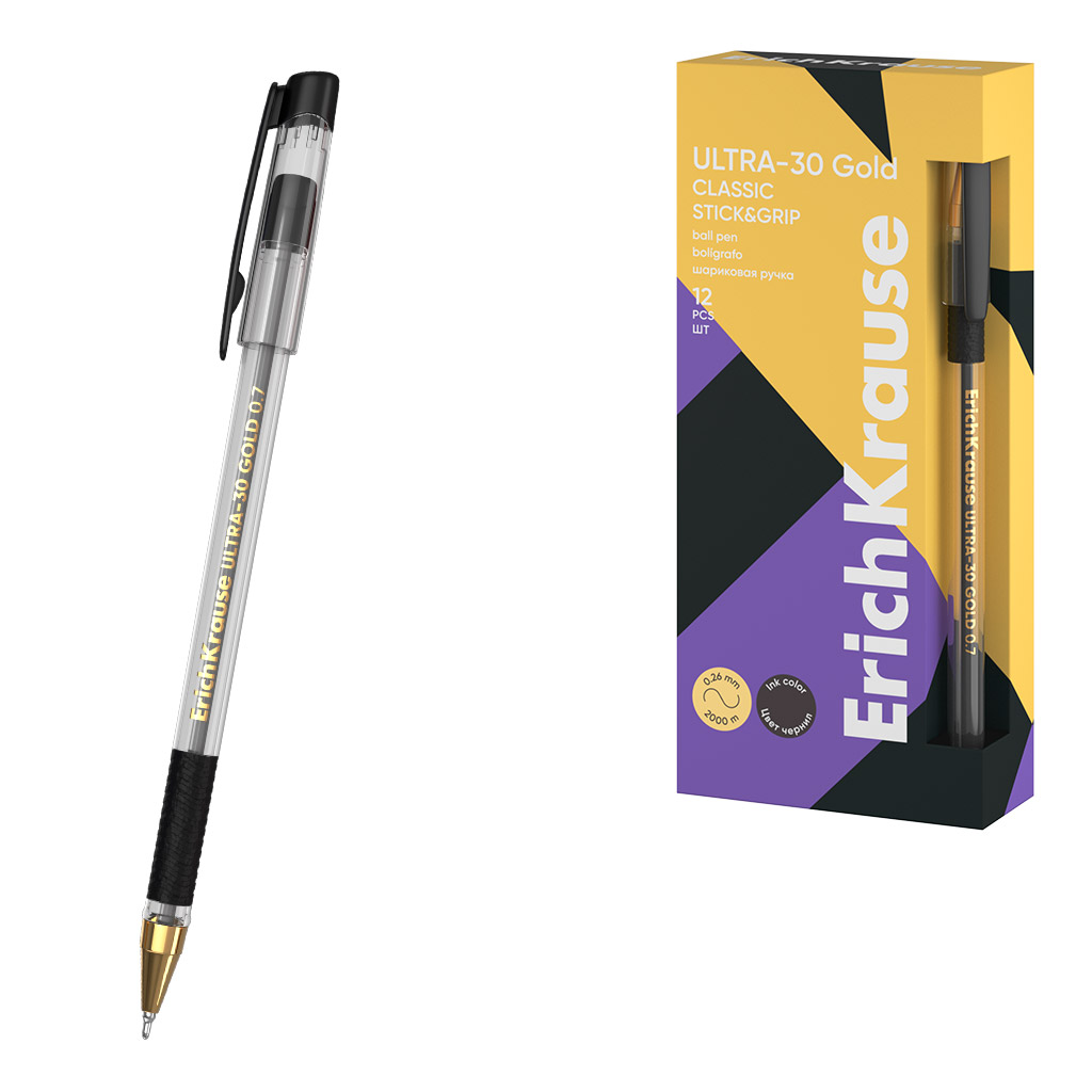 Ручка шариковая ErichKrause ULTRA-30 Gold Stick&Grip Classic 0.7, Super Glide Technology, цвет чернил черный (в коробке по 12 шт.)