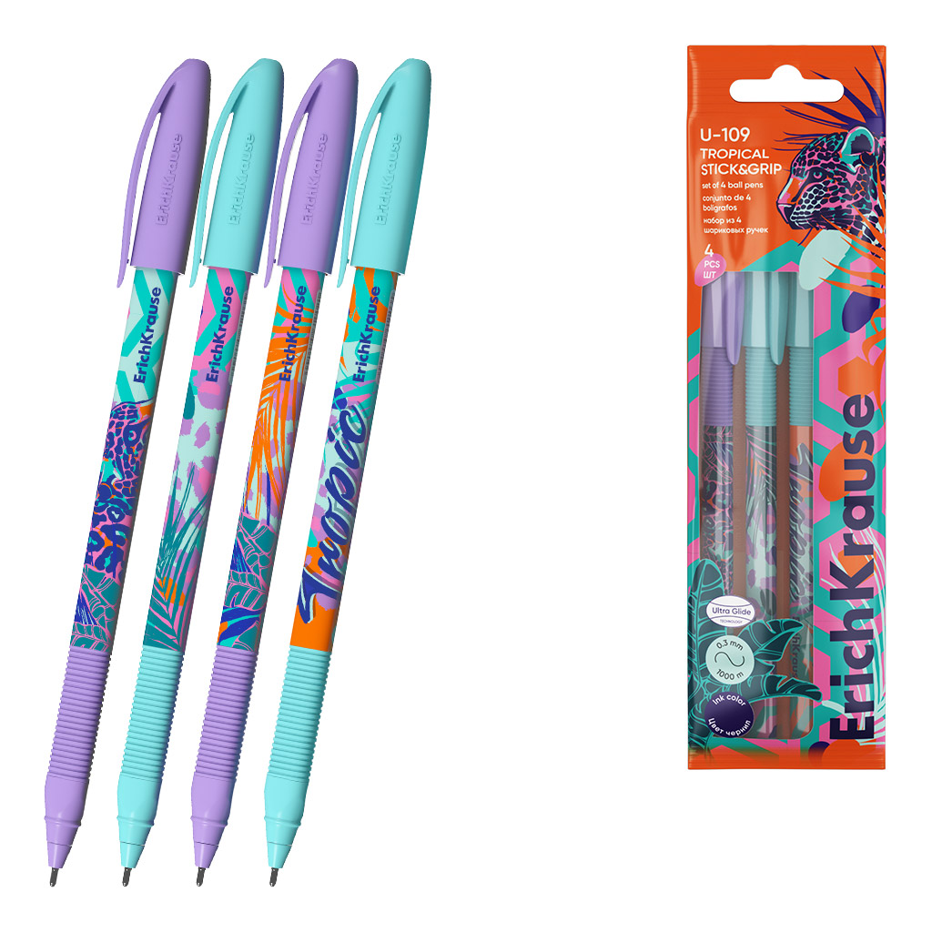 Набор из 4 ручек шариковых ErichKrause U-109 Stick&Grip Tropical 1.0, Ultra Glide Technology, цвет чернил синий (в пакете)