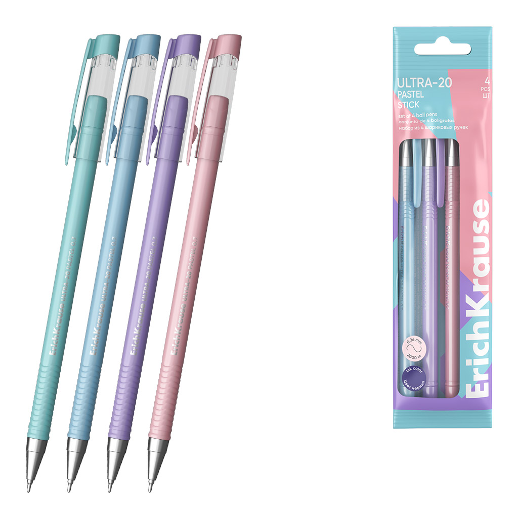 Набор из 4 ручек шариковых ErichKrause ULTRA-20 Stick Pastel 0.7, Super Glide Technology, цвет чернил синий (в пакете)