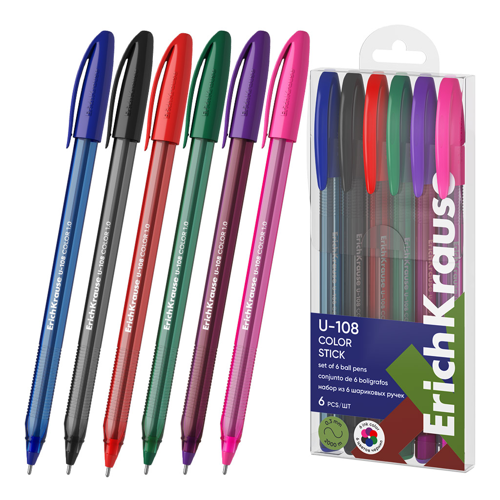 Набор из 6 ручек шариковых ErichKrause U-108 Stick Color 1.0, Ultra Glide Technology, цвет чернил ассорти (в пэт-боксе)
