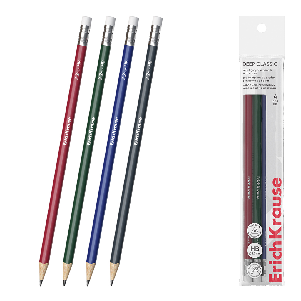 Набор из 4 чернографитных карандашей ErichKrause Deep Classic triangular, трехгранных, с ластиком, HB (в пакете)
