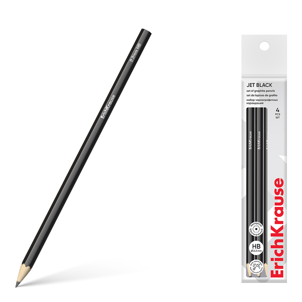 Набор из 4 чернографитных карандашей ErichKrause Jet Black, шестигранных, HB (в пакете)