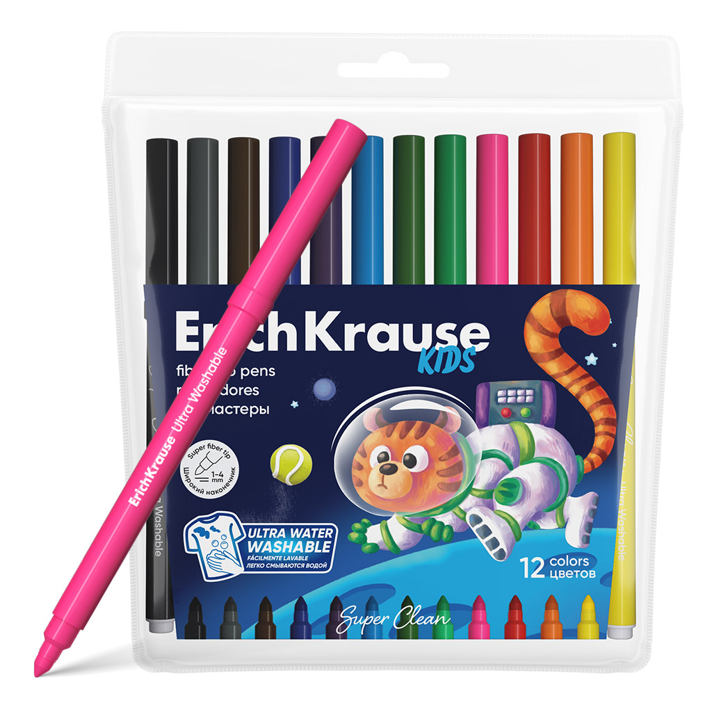 Фломастеры ErichKrause Kids Space Animals Super Tip Ultra Washable 12 цветов (в футляре с европодвесом 12 шт)