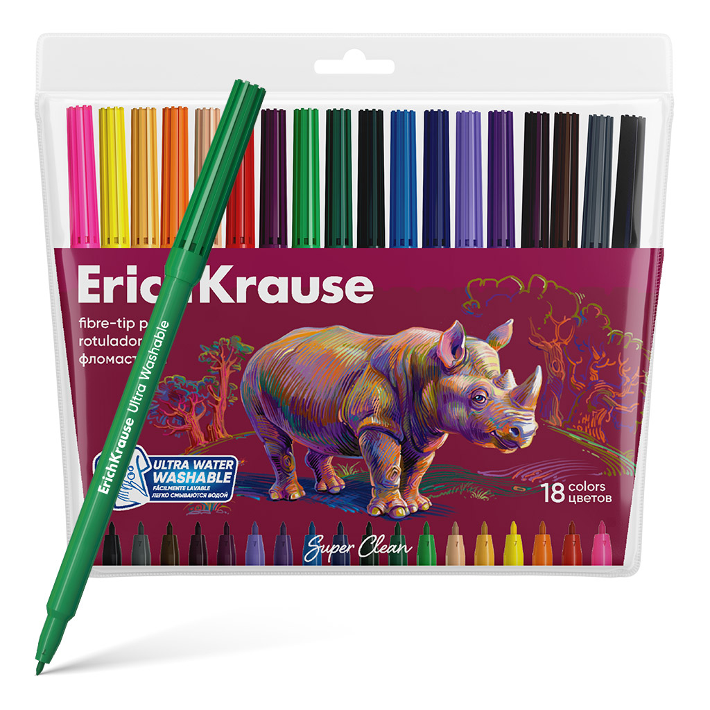 Фломастеры ErichKrause Safari Ultra Washable 18 цветов (в футляре с европодвесом 18 шт)
