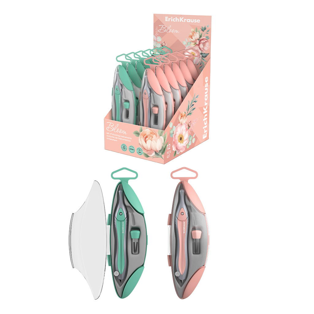 Готовальня ErichKrause Pastel Bloom, (металлический циркуль и сменные грифели), пенал, ассорти (в коробке-дисплее по 12 шт)