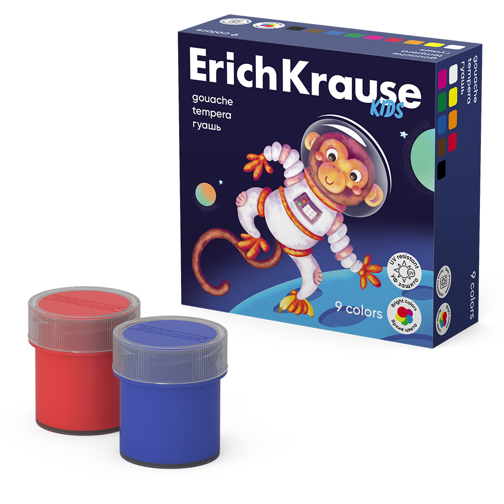 Гуашь  9цв 180мл Erich Krause Kids Space Animals с УФ защитой яркости