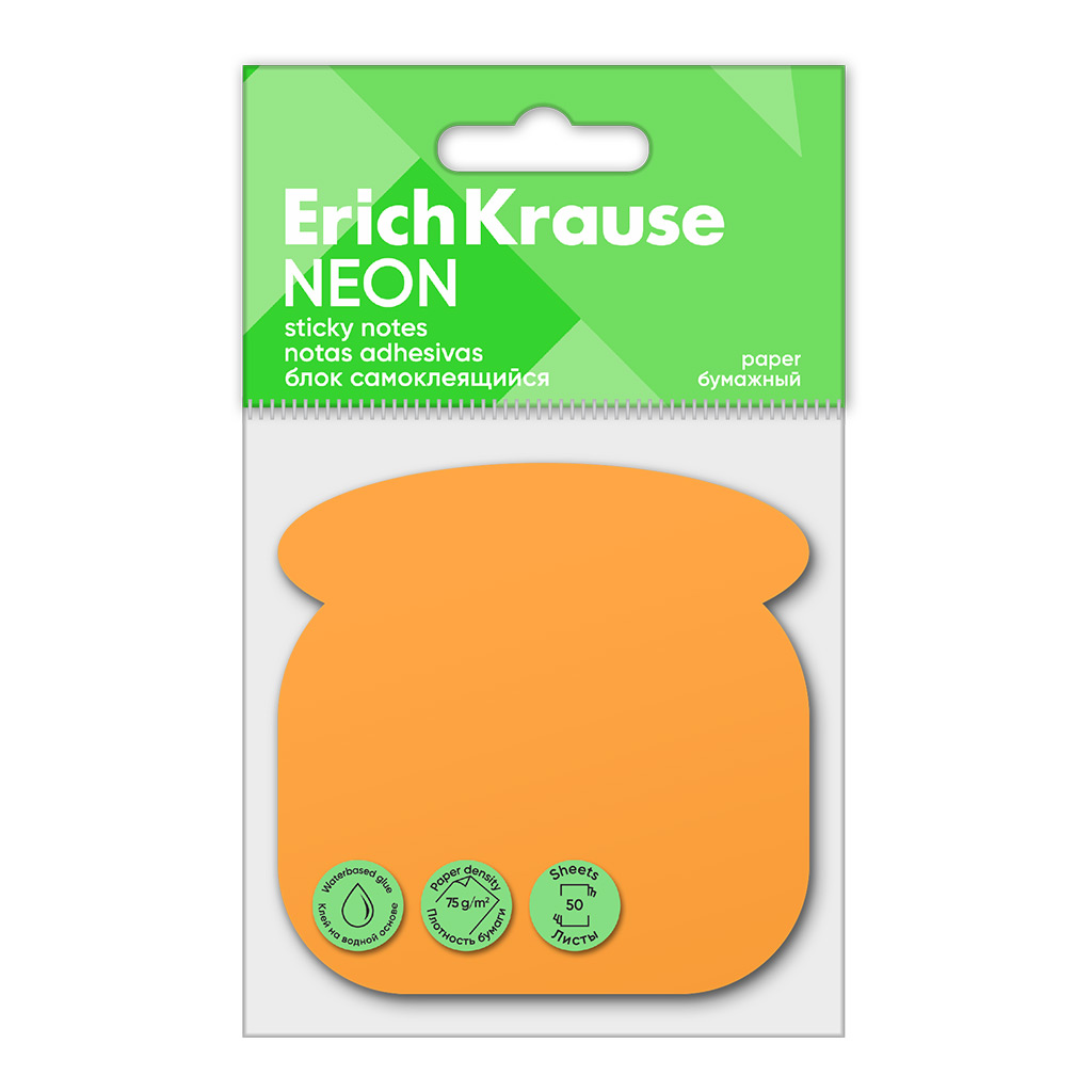 Блок самоклеящийся бумажный ErichKrause Phone Neon, 50 листов, оранжевый