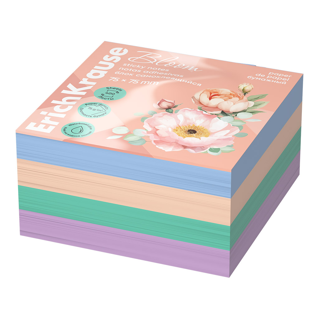 Блок самоклеящийся бумажный ErichKrause Pastel Bloom, 75х75 мм, 400 листов, 4 цвета
