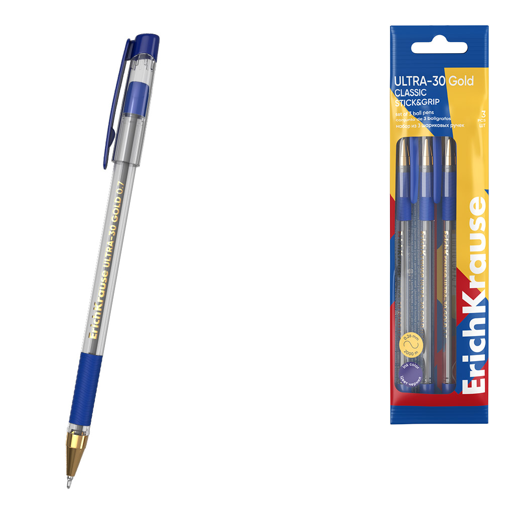 Набор из 3 ручек шариковых ErichKrause ULTRA-30 Gold Stick&Grip Classic 0.7, Super Glide Technology, цвет чернил синий (в пакете)