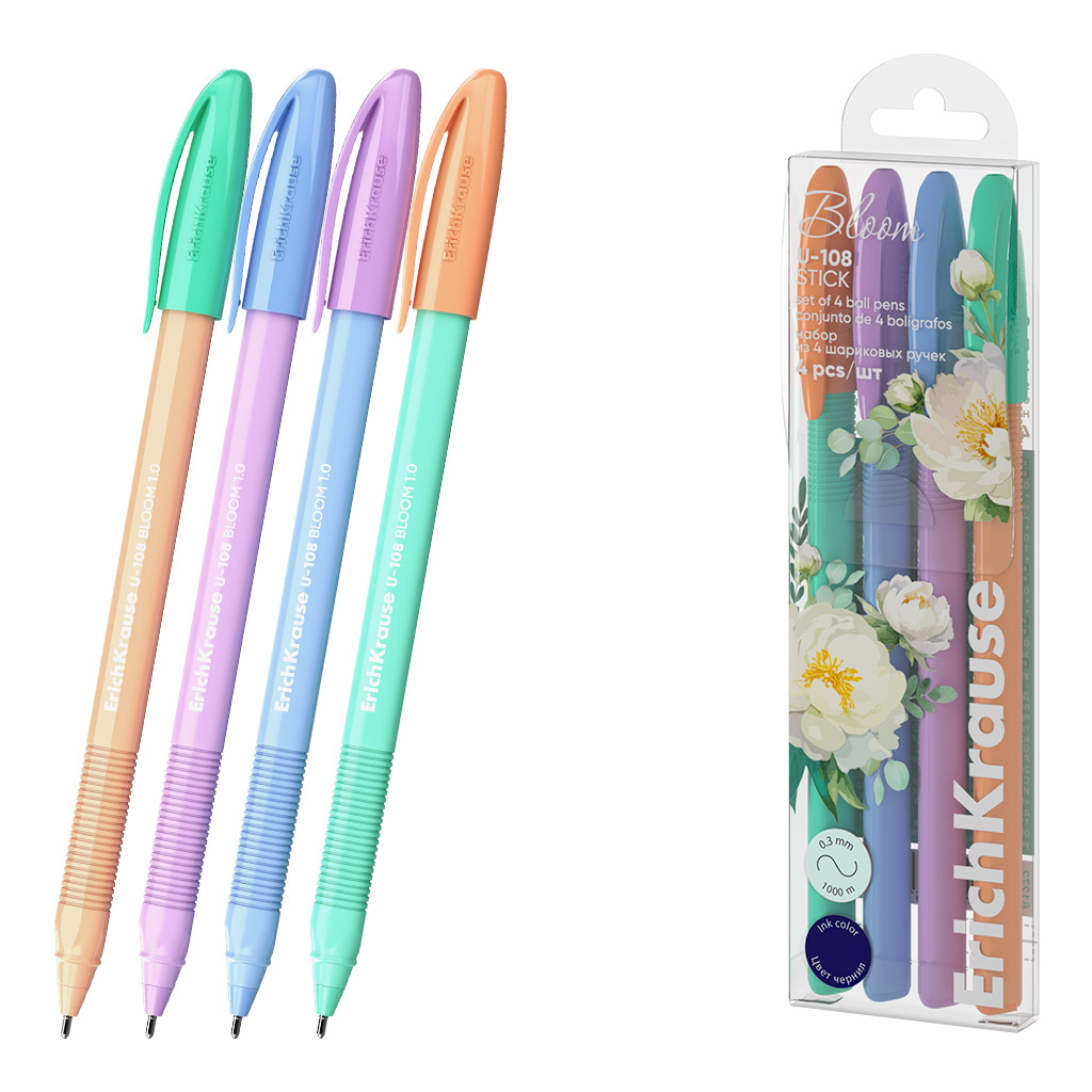 Набор из 4 ручек шариковых ErichKrause U-108 Stick Pastel Bloom 1.0, Ultra Glide Technology, цвет чернил синий (в пэт-боксе)