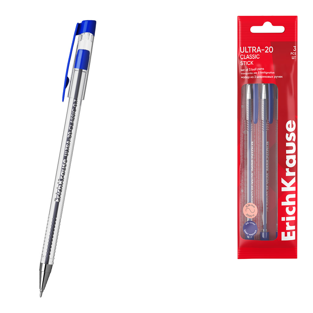Набор из 3 ручек шариковых ErichKrause ULTRA-20 Stick Classic 0.7, Super Glide Technology, цвет чернил синий (в пакете)
