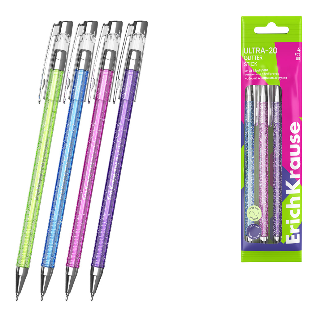 Набор из 4 ручек шариковых ErichKrause ULTRA-20 Stick Glitter 0.7, Super Glide Technology, цвет чернил синий (в пакете)