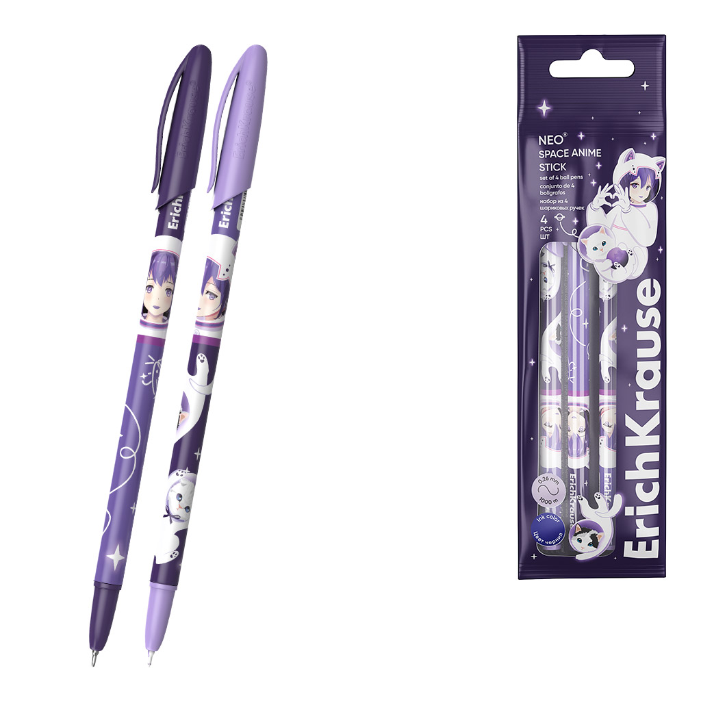 Набор из 4 ручек шариковых ErichKrause Neo® Stick Space Anime 0.7, Super Glide Technology, цвет чернил синий (в пакете)