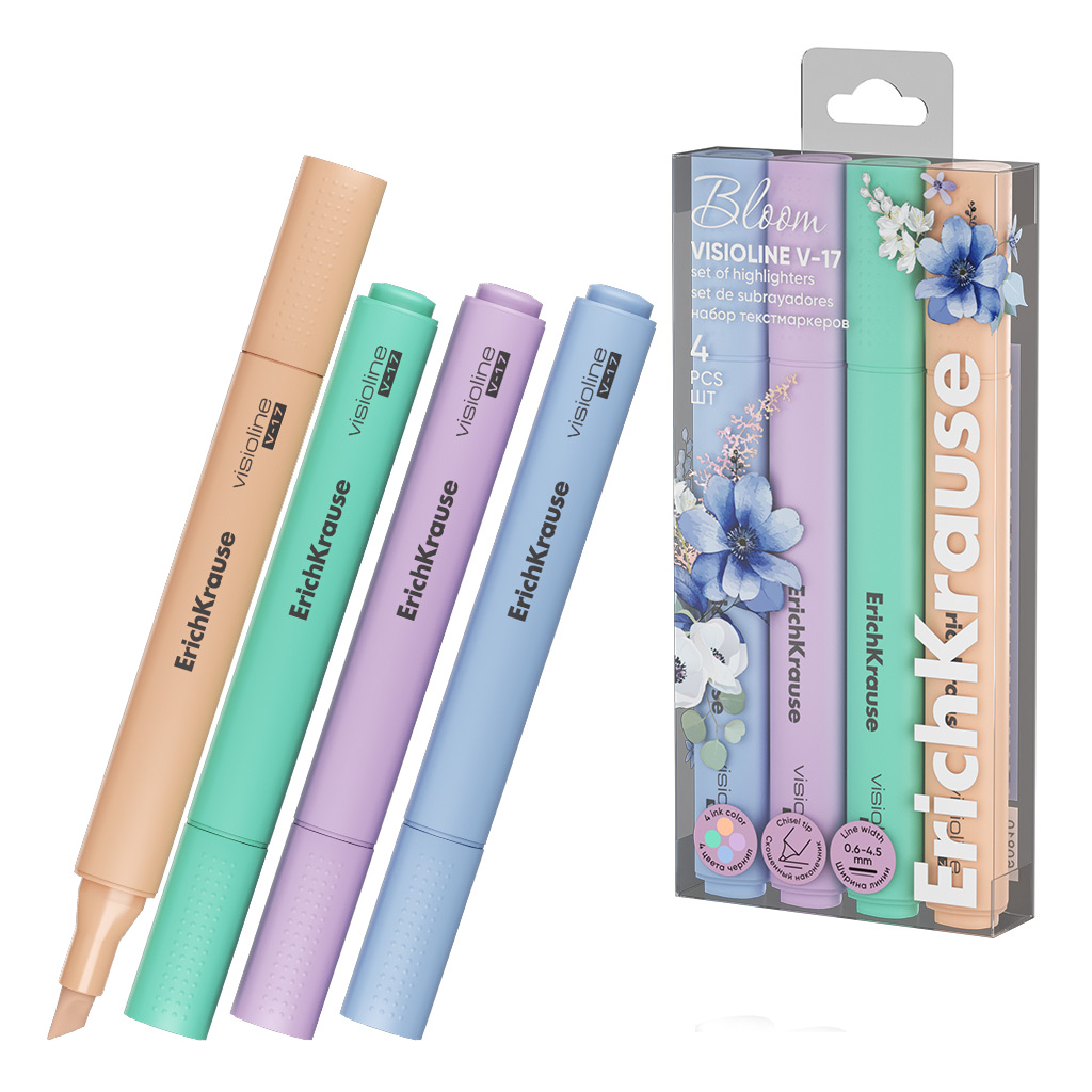 Набор текстовыделителей ЕК Visioline V-17 Pastel Bloom  4 цв.,, в пэт-боксе