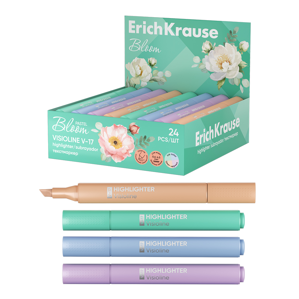 Текстмаркер ErichKrause Visioline V-17 Pastel Bloom, цвет чернил ассорти (в коробке-дисплее по 24 шт.)