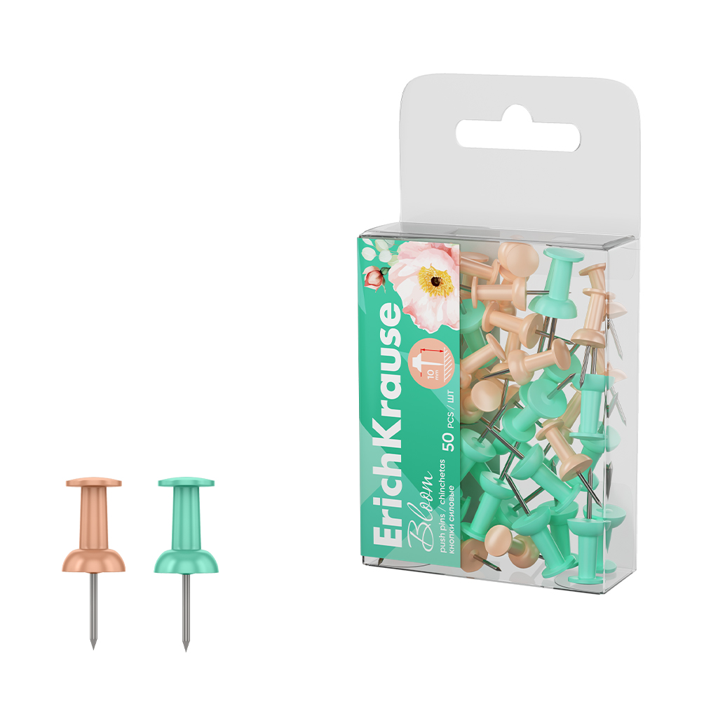 Кнопки силовые ErichKrause Pastel Bloom, ассорти (в пэт-боксе по 50 шт.)