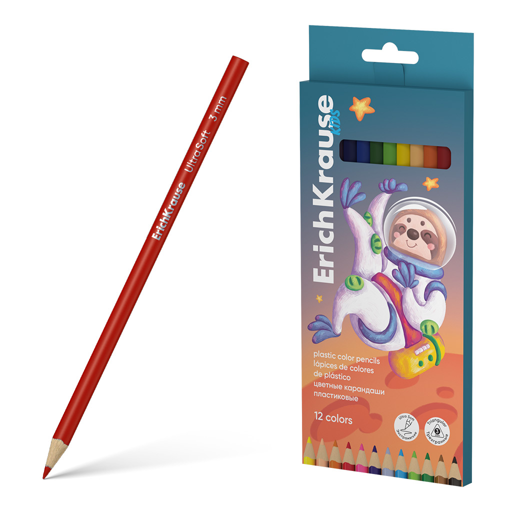 Цветные карандаши пластиковые ErichKrause Kids Space Animals трехгранные, грифель 3 мм, 12 цветов (в коробке с европодвесом 12 шт)