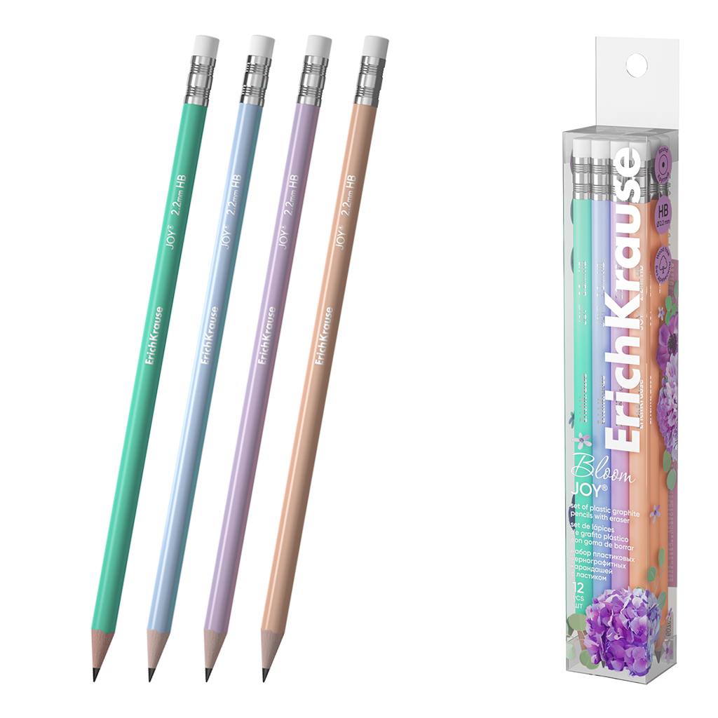 Набор из 12 чернографитных карандашей пластиковых ErichKrause JOY® Pastel Bloom, круглых, с ластиком, HB (в пэт-боксе)